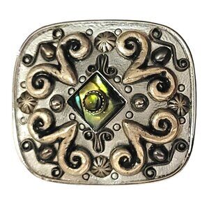 Michal Golan Silver Tone Dimensional Ornate Green Cab Brooch Pendant, Signed M39